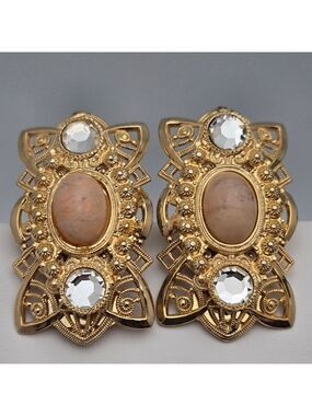 Vintage Gold-Tone Clip-On Earrings Faux Oval Pearls & Crystals